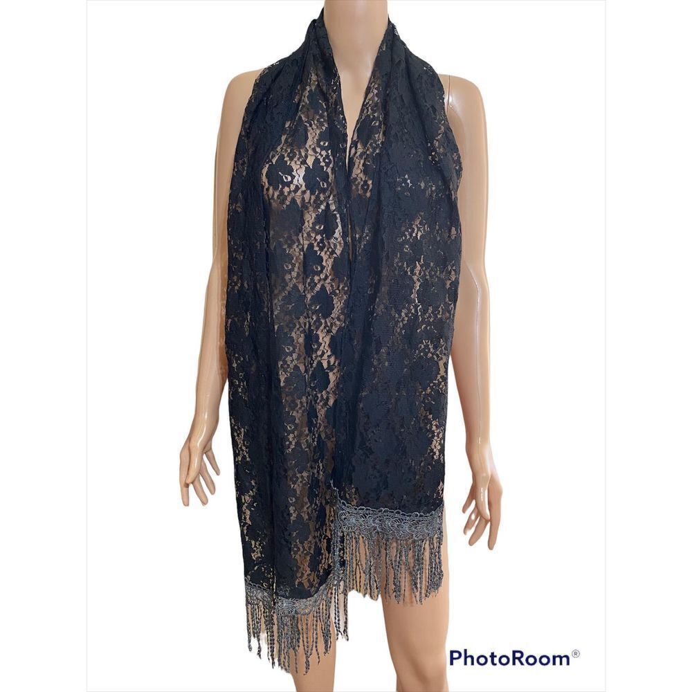 Womens Floral Lace Shawl Scarf Black